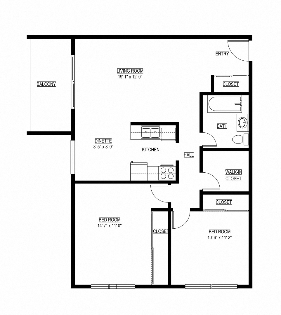 Floor plan for 2 beds, 1 bath, 875 sqft